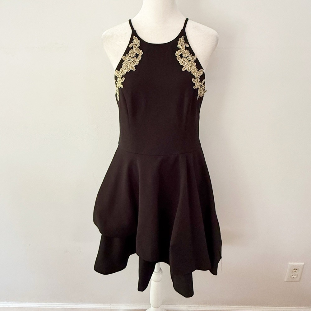 Vintage Y2K Dress Women 9/10 Black Floral Applique Homecoming Goth Event Party
